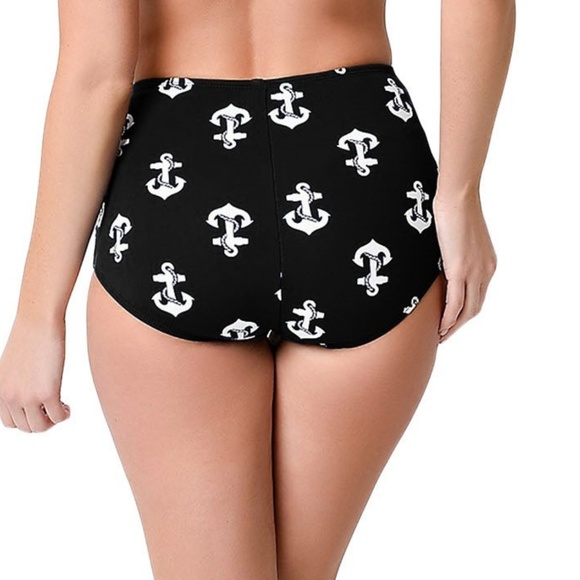 Nautical Anchor Swimsuit Retro Black White Halter High Waist - Picture 4 of 6